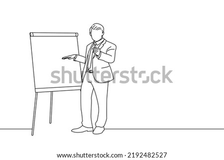Cartoon of confident businessman making presentation on flipchart over white background. Line art style

