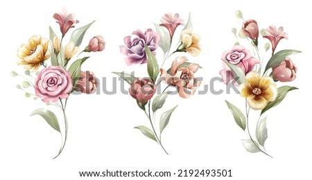 Beautiful floral bouquet of colorful flowers watercolor set