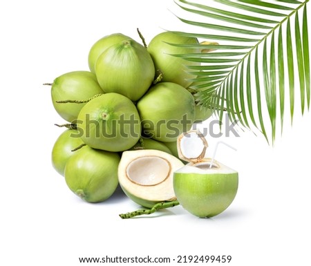Fresh young green coconut with coconut juice isolated on white background.