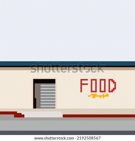 pixel art restaurant cafe Panoramic architecture. Mobile app layout, computer pixelated game. Old architectural construction