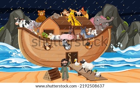 Ocean scene with Noah's ark with animals illustration