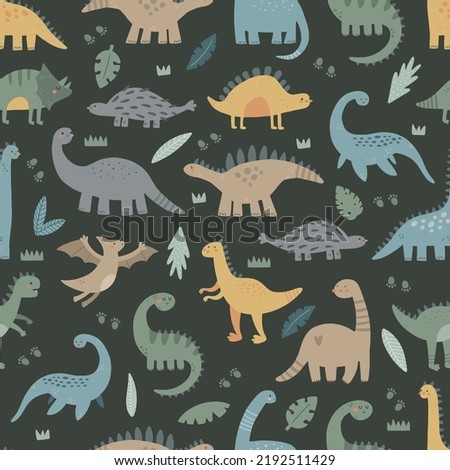 vector seamless pattern with cute dinosaurs on a dark green background, funny print for kids
