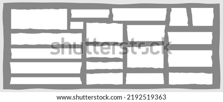 Blank rip newspaper strip, edge torn paper shred, isolated grunge cardboard background, rectangular tear notebook banner, white ripped page scrap, vector illustration set. Royalty-Free Stock Photo #2192519363