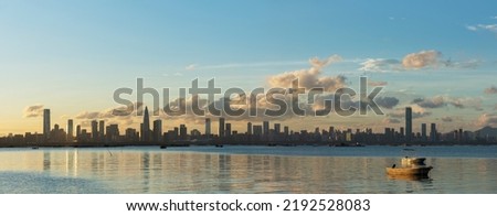 Skyline of Shenzhen city, China. Viewed from Hong Kong border Lau Fau Shan