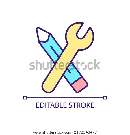 Pencil and spanner RGB color icon. Practical skills. Building and creating. Architecture instruments. Isolated vector illustration. Simple filled line drawing. Editable stroke. Arial font used