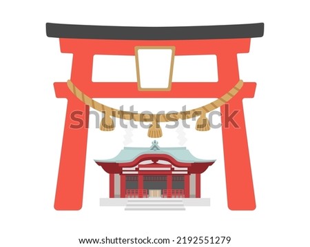 An illustration of a torii gate with a sacred straw rope and the exterior of a shrine. Royalty-Free Stock Photo #2192551279