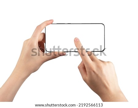Forefinger clicking play to start video at phone mockup isolated on white background. Woman holding smartphone in horizontal position for watching video. Telephone template. High quality photo Royalty-Free Stock Photo #2192566113