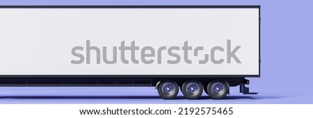 Long transportation trailer, truck body on blue background. Concept of shipment and cargo delivery. Mock up copy space. 3D rendering