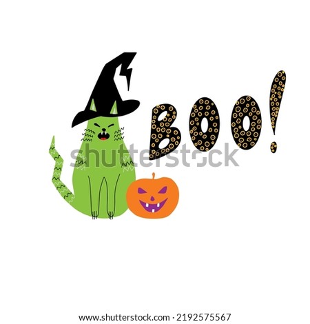 Cute cat in a witch hat, pumpkin lantern and a word "Boo!" in hand drawn style. Halloween card. Flat vector illustration. 