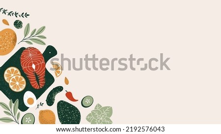 Healthy food background. Salmon on the cutting board with the vegetables. Vector illustration. Royalty-Free Stock Photo #2192576043