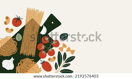 Pasta and tomatoes with garlic and basil. Spaghetti with ingredients. Vector illustration.