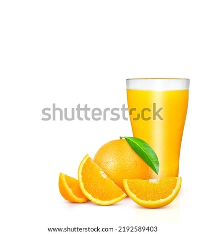 A glass of orange juice. Oranges and oranges cut into pieces. with green leaves isolated on white background