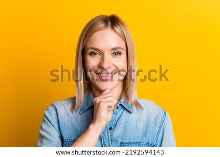Photo of short hairdo lady looking deep thinking creative person arm on chin isolated yellow color background.