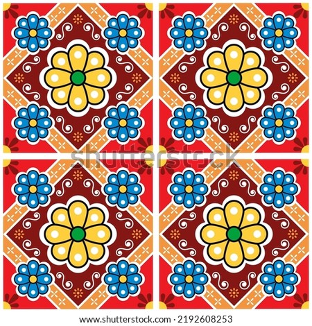 Floral tiles seamless vector pattern inspired by folk art from Mexico - talavera, perfect for wallpaper, textiles or fabric prints. Traditional Mexican tile ornament with flowers and abstract shapes

