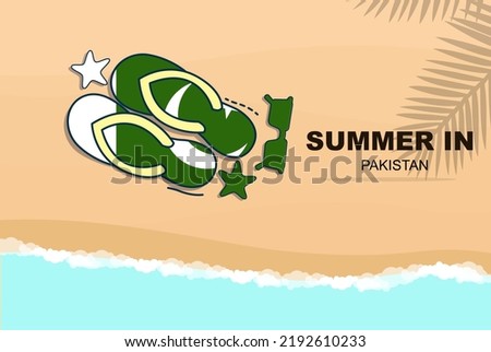 Pakistan summer holiday vector banner, beach vacation concept, flip flops sunglasses starfish on sand, copy space area, Pakistan summer travel and tourism idea with flag