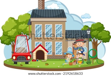 Children gardening at backyard illustration