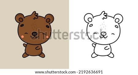 Bear Clipart for Coloring Page and Multicolored Illustration. Adorable Clip Art Brown Bear. Vector Illustration of a Kawaii Animal for Coloring Pages, Prints for Clothes, Stickers, Baby Shower.
