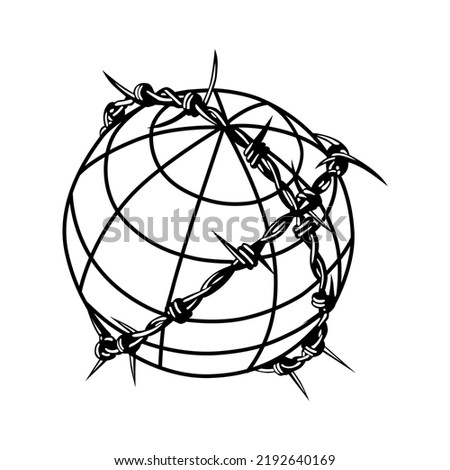 linear representation of a planet in barbed wire.vector illustration.stylized image isolated on white background.modern typography design perfect for t shirt,poster,banner,tattoo,greeting card,etc Royalty-Free Stock Photo #2192640169