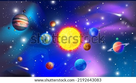 solar system Mercury, VenEra, Earth, Mars, Jupiter, Saturn, Uranus, Neptune, Pluto, Sun Moon, satellites stars space astronomy biology geography meteoritic comet galaxy Royalty-Free Stock Photo #2192643083
