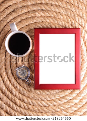 picture frame, coffee and old pocket watch on rope for background