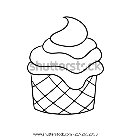 Monochrome picture, delicious cupcake with delicate cream in a waffle cup, vector illustration in cartoon style on a white background