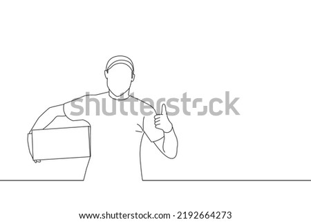 Cartoon of delivery man employee hold empty cardboard box and thumb up. Line art style
