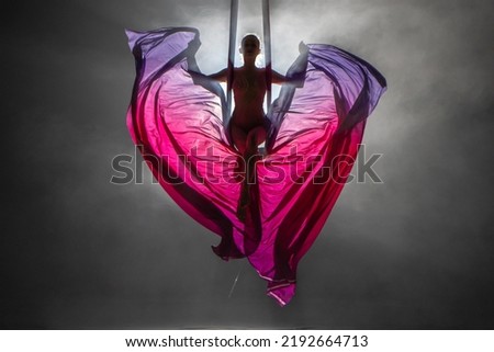 Silhouette of a young woman balancing on an airy silk ribbon and waving a cloth like butterfly wings. A female athlete performing in a circus at a height in the dark with backlight. Royalty-Free Stock Photo #2192664713