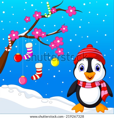 Cute penguins on winter background 