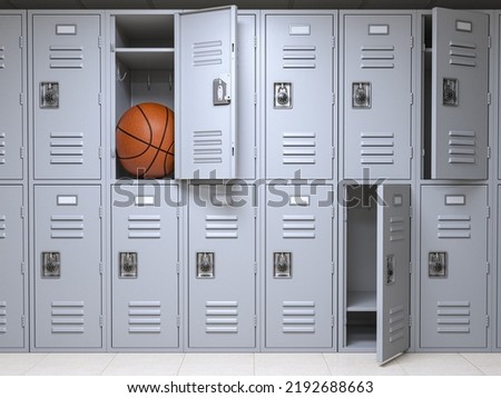 School or gym locker room with small lockers box insuficient for basketball ball. 3d illustration