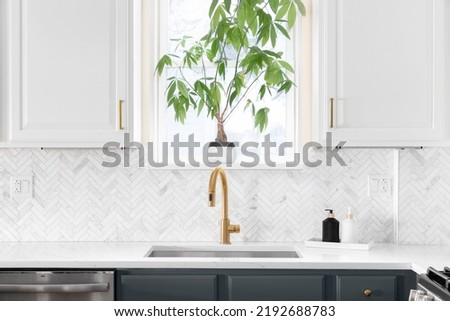 Sink detail shot in a luxury kitchen with herringbone backsplash tiles. white marble countertop, and gold faucet. Royalty-Free Stock Photo #2192688783