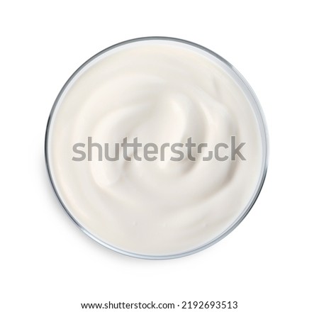 Bowl with delicious organic yogurt isolated on white, top view