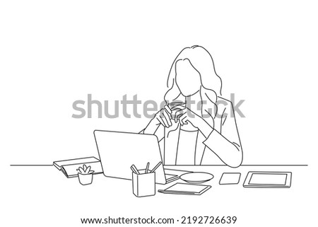 Cartoon of business lady chilling out, drinking coffee, watching online tutorials at work place, station. Line art style
