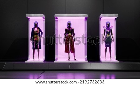 Metaverse digital clothing shop. Virtual fashion in an online virtual store display with digital avatars. 3D rendering