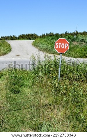 a stop sign at the crossroad between a concrete road and a little used country road overgrown with grass