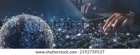 Global network, digital technology, future tech background, telecommunication concept. Man using tablet computer with global internet network and smart city, futuristic technology, Internet of Things