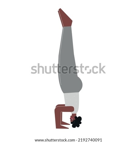 Vector isolated concept with flat female african american character. Strong woman learns Balancing posture Salamba Sirsasana at yoga class. Fitness exercise - Supported Headstand Pose