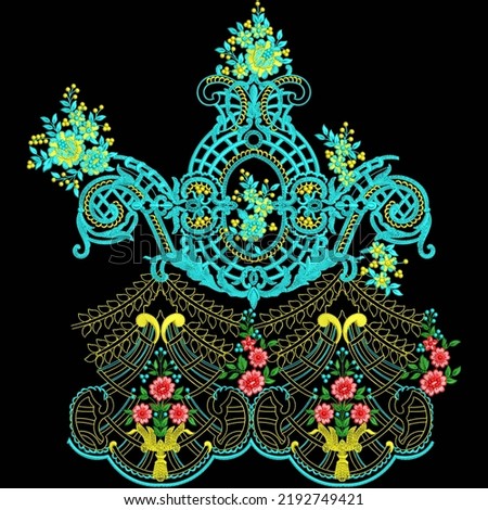 Isolated indian traditional mughal artwork embroidery lace border design with decorative trendy ornaments