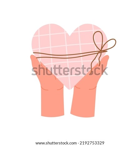 Heart gift in human hands. Valentine day celebrating, couple romantism vector illustration
