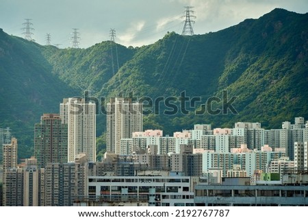   High voltage of electric pole on the mountain.HONG KONG 2022                             