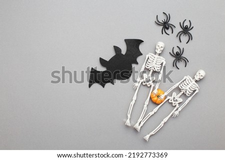 skeletons with pumpkin, bat and black spiders on grey background. halloween concept.
