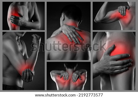 Pain in different man's body parts, neck, shoulder, elbow, chronic diseases of the male body, collage of several photos on black background, painful area highlighted in red