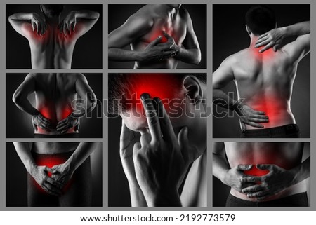 Pain in different man's body parts, neck, shoulder, heart, back, kidneys, head, prostate, abdomen, chronic diseases of the male body, collage of several photos on black background Royalty-Free Stock Photo #2192773579