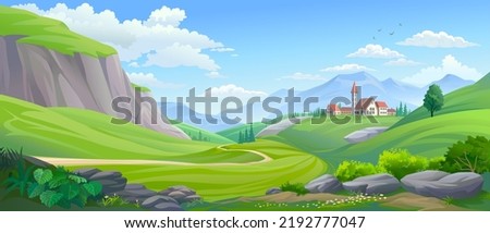 Countryside view of a town in the middle of large beautiful meadows. Royalty-Free Stock Photo #2192777047