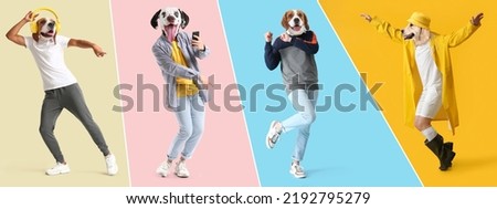 Group of funny dogs with human bodies on color background Royalty-Free Stock Photo #2192795279