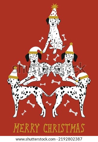 Abstract Christmas tree. Vector illustration. Merry Christmas greeting card with cute funny Dalmatians dogs wearing winter hats. Cute funny dogs. Character design.