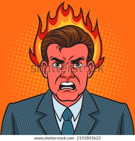 angry aggressive frustrated man businessman with his head on fire pop art retro vector illustration. Comic book style imitation.