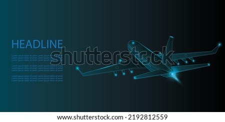 3d airplane isolated in dark blue. Abstract vector wireframe of airliner. Travel, tourism, business, airline transportation concept. Low poly glowing mesh with lines and lights. Modern plane design.