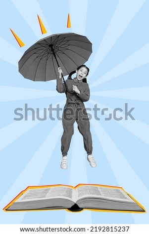 Vertical collgae image of funny amazed girl black white gamma hands hold umbrella big open book isolated on drawing background