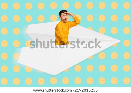 Photo artwork minimal picture of funny funky guy flying paper plane isolated drawing background