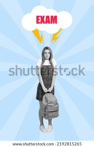 Vertical collage picture of nervous girl black white effect hold rucksack painted exam thunder lightning bubble above head
